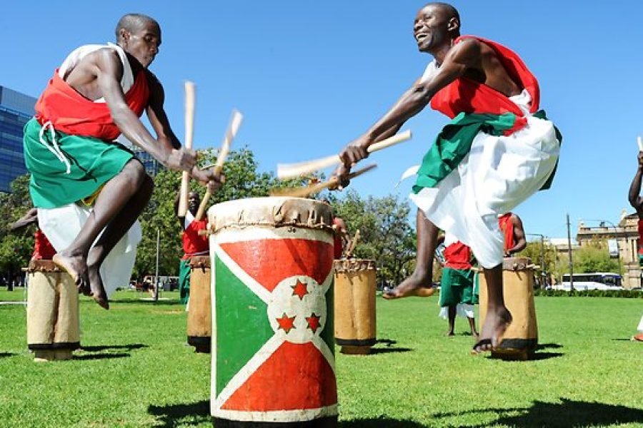 a group of Burundian drummers paying drums