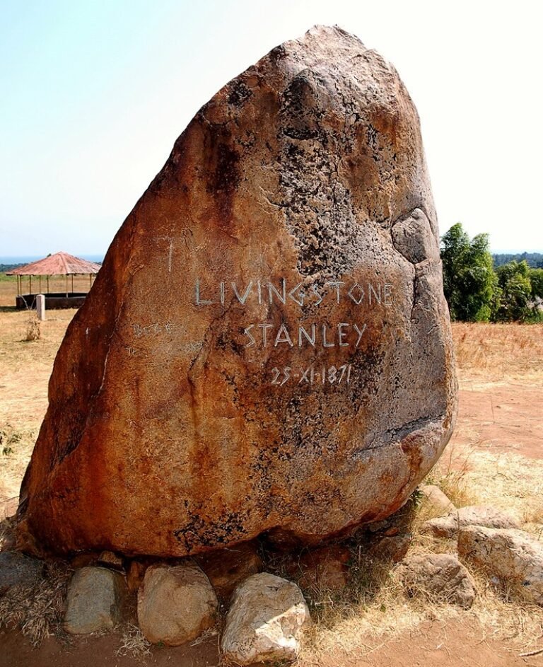 A stone (moved) that was erected on the spot to immortalize the meeting between the scientist David Livingstone and the young reporter Henry Morton Stanley, who went looking for him.